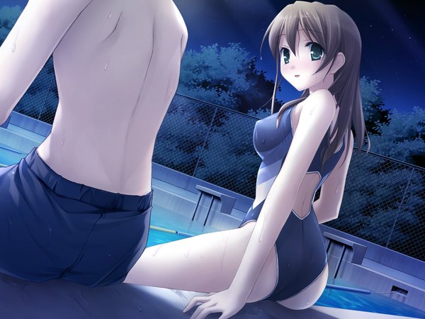 Anime picture 1600x1200 with natsu no ame itou hinako kantoku long hair light erotic brown hair green eyes game cg night girl swimsuit