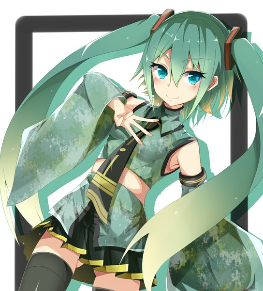 Anime picture 1000x1102 with vocaloid hatsune miku tazaki hayato single long hair tall image looking at viewer blush blue eyes twintails aqua hair girl thighhighs skirt black thighhighs detached sleeves miniskirt necktie