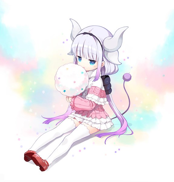 Anime picture 900x940 with kobayashi-san chi no maidragon kyoto animation kanna kamui rednian single long hair tall image blush fringe blue eyes simple background white background sitting twintails holding payot looking away silver hair purple hair full body
