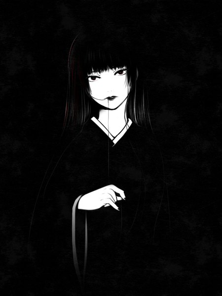 Anime picture 600x800 with hell girl studio deen enma ai jyuru single long hair tall image looking at viewer fringe simple background traditional clothes head tilt japanese clothes lips black background monochrome hair in mouth blending girl kimono