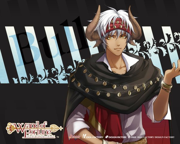 Anime picture 1280x1024 with wand of fortune idea factory bilal faranbald usuba kagerou single looking at viewer fringe short hair yellow eyes white hair horn (horns) inscription official art boy bracelet hairband jewelry cloak