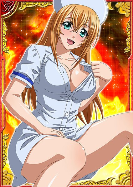 Anime picture 567x800 with ikkitousen sonsaku hakufu single long hair tall image looking at viewer blush fringe breasts open mouth light erotic blonde hair smile hair between eyes large breasts sitting payot bent knee (knees) head tilt :d