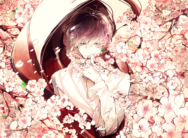 Anime picture 1738x1283 with original hagi (pixiv 2249236) single looking at viewer highres short hair black hair red eyes wind cherry blossoms open collar boy flower (flowers) plant (plants) shirt petals tree (trees) white shirt branch