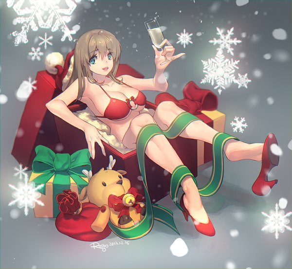 Anime picture 1000x923 with original matsuki ringo single short hair breasts blue eyes light erotic brown hair large breasts signed looking away grey background christmas reclining pinky out girl boy ribbon (ribbons) swimsuit hat