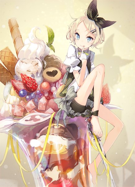 Anime picture 3000x4125 with vocaloid kagamine rin yatsuha (hachiyoh) single tall image looking at viewer blush highres short hair blue eyes simple background blonde hair smile sitting ahoge bent knee (knees) barefoot shadow short sleeves no shoes