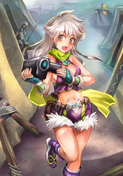 Anime picture 700x1000 with original suoni (deeperocean) single long hair tall image breasts open mouth smile bare shoulders grey hair grey eyes girl gloves navel shorts fingerless gloves