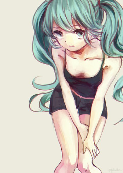 Anime picture 708x1000 with vocaloid hatsune miku yuji kazakiri single long hair tall image looking at viewer fringe light erotic simple background standing twintails bare shoulders aqua eyes aqua hair leaning alternate costume leaning forward girl shorts