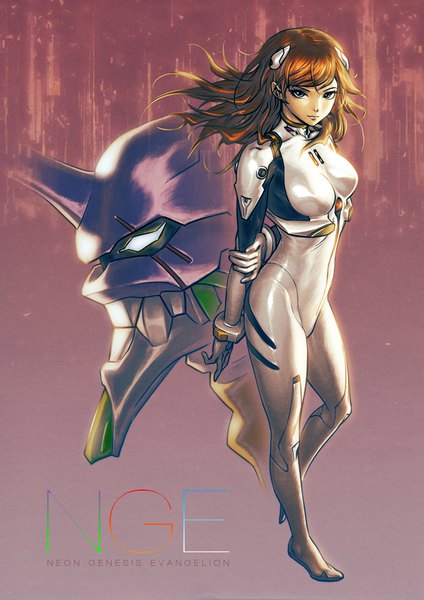 Anime picture 620x877 with neon genesis evangelion gainax soryu asuka langley eva 01 chesterocampo single long hair tall image looking at viewer brown hair standing full body profile grey eyes copyright name floating hair standing on one leg arm behind back girl hairclip