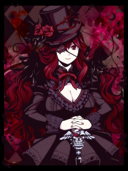 Anime picture 750x1000 with original torigoe takumi single long hair tall image looking at viewer smile red eyes red hair girl dress flower (flowers) hat rose (roses) eyepatch skull
