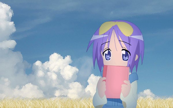 Anime picture 1600x1000 with lucky star kyoto animation hiiragi tsukasa blue eyes wide image purple hair girl bow hair bow