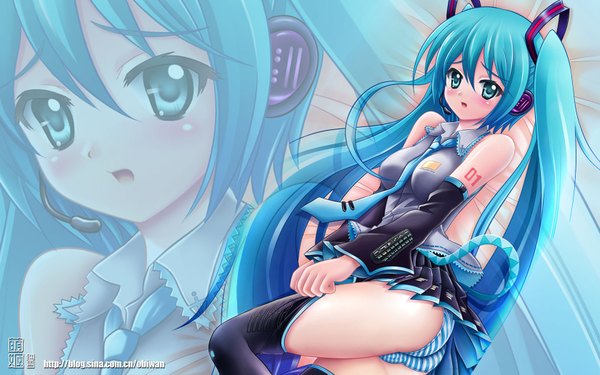 Anime picture 1680x1050 with vocaloid hatsune miku obiwan long hair blush highres light erotic wide image twintails very long hair aqua eyes aqua hair striped girl thighhighs skirt underwear panties detached sleeves necktie