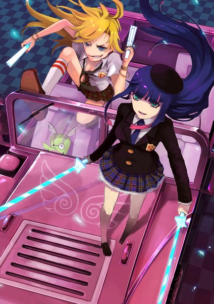 Anime picture 1500x2122 with panty & stocking with garterbelt anarchy stocking anarchy panty chuck 10mo4 long hair tall image blue eyes blonde hair multiple girls multicolored hair two-tone hair streaked hair checkered floor girl thighhighs skirt 2 girls shirt sword