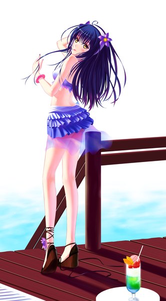 Anime picture 1353x2442 with love live! school idol project sunrise (studio) love live! sonoda umi icycore single long hair tall image looking at viewer blush yellow eyes blue hair hair flower girl hair ornament flower (flowers) swimsuit bracelet hairband drink