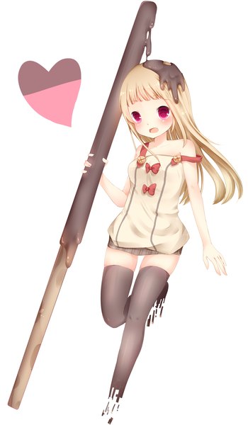 Anime picture 1200x2057 with original tsunachi single long hair tall image blush open mouth blonde hair simple background white background bare shoulders pink eyes girl thighhighs black thighhighs food heart sweets chocolate pocky