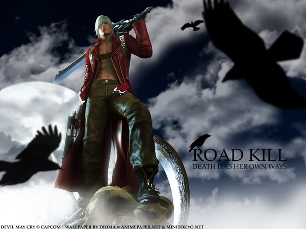 Anime picture 1280x960 with devil may cry dante (devil may cry) dioma single fringe short hair blonde hair standing signed cloud (clouds) full body hair over one eye realistic night open jacket from below copyright name third-party edit skeleton 3d