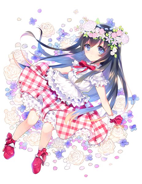 Anime picture 772x1000 with original rugo single long hair tall image looking at viewer blue eyes black hair white background hair flower loli girl dress flower (flowers) petals frills