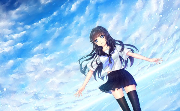 Anime picture 1450x896 with original unohanatei single long hair blue eyes black hair wide image looking away sky cloud (clouds) pleated skirt light smile wind spread arms girl thighhighs skirt uniform black thighhighs school uniform