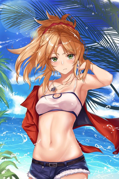 Anime picture 1200x1800 with fate (series) fate/apocrypha mordred (fate) konata (knt banri) single long hair tall image looking at viewer blush fringe breasts light erotic blonde hair bare shoulders green eyes sky cloud (clouds) armpit (armpits) midriff beach