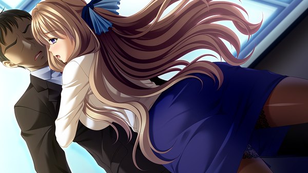 Anime picture 1024x576 with tokubetsu jugyou 3 slg long hair blush open mouth blonde hair wide image purple eyes game cg girl boy skirt bow hair bow miniskirt shirt