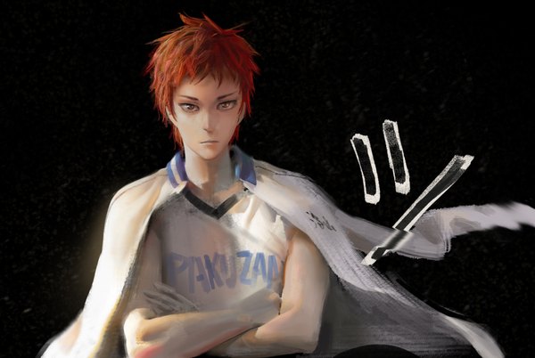 Anime picture 2350x1578 with kuroko no basket production i.g akashi seijuurou tuoyaner single looking at viewer fringe highres short hair red eyes yellow eyes inscription open clothes open jacket black background crossed arms clothes on shoulders clothes writing playing sports boy