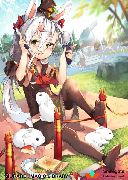 Anime picture 640x896 with qurare: magic library sankyaku tako long hair tall image looking at viewer blush fringe light erotic hair between eyes sitting holding green eyes animal ears bent knee (knees) outdoors sunlight bunny ears no shoes copyright name bunny girl