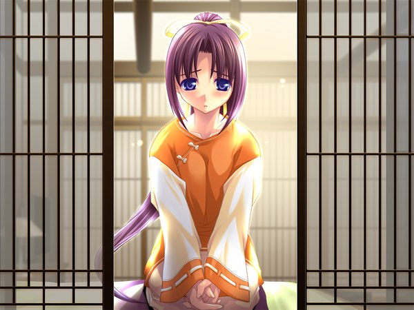 Anime picture 1200x900 with aneimo blue eyes game cg purple hair japanese clothes girl