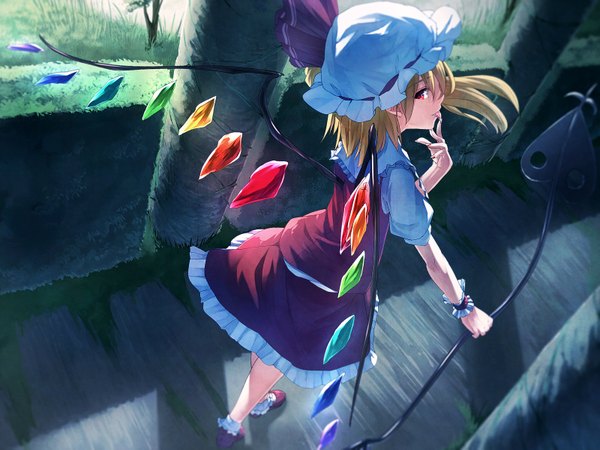 Anime picture 1600x1200 with touhou flandre scarlet ibuki notsu single long hair looking at viewer blonde hair red eyes one side up finger licking girl skirt weapon wings shoes tongue wrist cuffs bonnet crystal spear