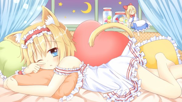 Anime picture 1422x800 with touhou alice margatroid umi suzume single short hair blue eyes blonde hair wide image animal ears lying one eye closed wink cat ears cat girl cat tail girl frills headdress pillow