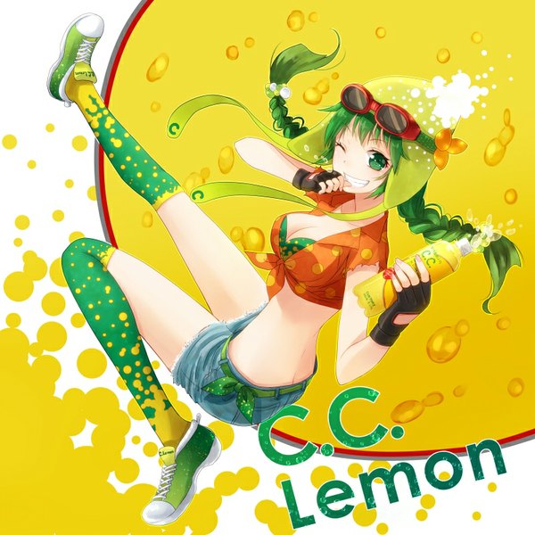 Anime picture 800x800 with original c.c. lemon c.c. lemon (character) nunucco single long hair looking at viewer smile green eyes braid (braids) one eye closed looking back green hair wink character names twin braids finger to mouth girl gloves socks