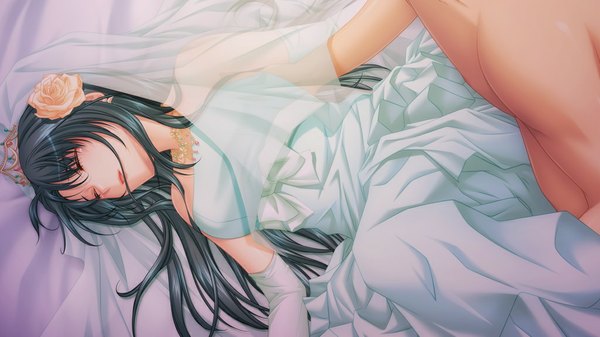 Anime picture 1024x576 with eve to iu na no omocha gotou beniko long hair black hair wide image game cg eyes closed girl dress wedding dress