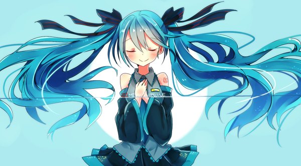 Anime picture 1624x898 with vocaloid hatsune miku asanagi kurumi (panda-doufu) single long hair blush fringe simple background smile hair between eyes wide image bare shoulders eyes closed aqua hair character names floating hair aqua background girl ribbon (ribbons) hair ribbon