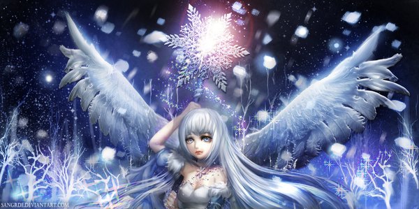 Anime picture 1800x897 with sangrde single long hair looking at viewer highres wide image silver hair heterochromia snowing angel wings girl dress wings white dress snowflake (snowflakes)