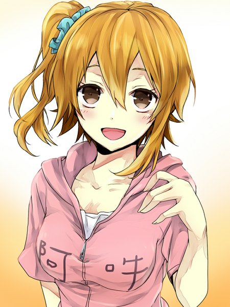 Anime picture 768x1024 with kagerou project shaft (studio) kisaragi momo tomozero single tall image blush short hair open mouth blonde hair brown eyes from above one side up gradient background looking up girl