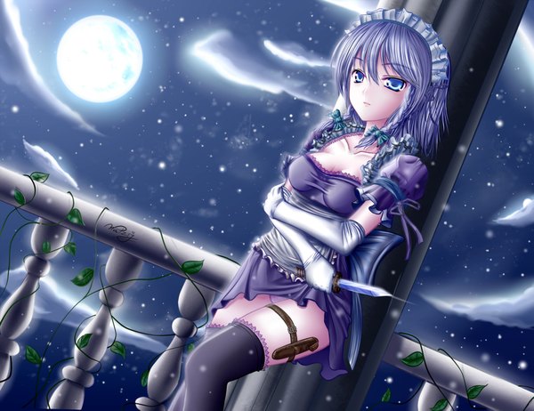 Anime picture 1925x1485 with touhou izayoi sakuya walzrj highres short hair blue eyes light erotic signed silver hair braid (braids) night maid girl thighhighs black thighhighs plant (plants) moon full moon knife