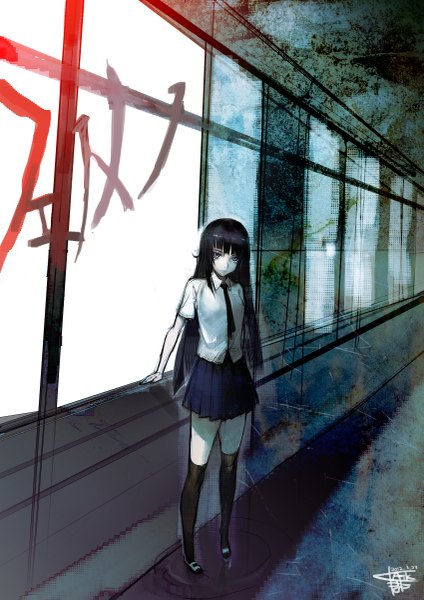 Anime picture 1697x2400 with phenomeno mitsurugi yoishi namaniku atk single tall image looking at viewer fringe blue eyes black hair signed very long hair inscription arm support short sleeves zettai ryouiki girl thighhighs skirt black thighhighs miniskirt