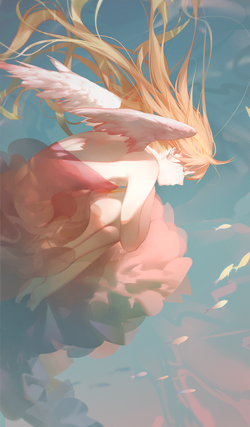 Anime picture 585x1000 with original ask (askzy) single long hair tall image simple background bare shoulders eyes closed profile barefoot orange hair shadow floating hair angel wings embryo's pose girl dress animal wings transparent clothing