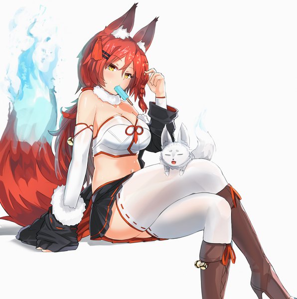 Anime picture 1696x1709 with original ehrrr single long hair tall image looking at viewer fringe light erotic simple background hair between eyes white background sitting animal ears yellow eyes red hair tail braid (braids) animal tail high heels fur trim