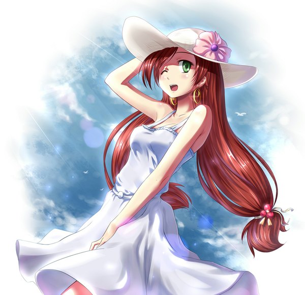 Anime picture 1034x1000 with atomix single long hair blush open mouth brown hair twintails green eyes one eye closed wink girl flower (flowers) ribbon (ribbons) hair ribbon hat earrings animal bird (birds) sundress