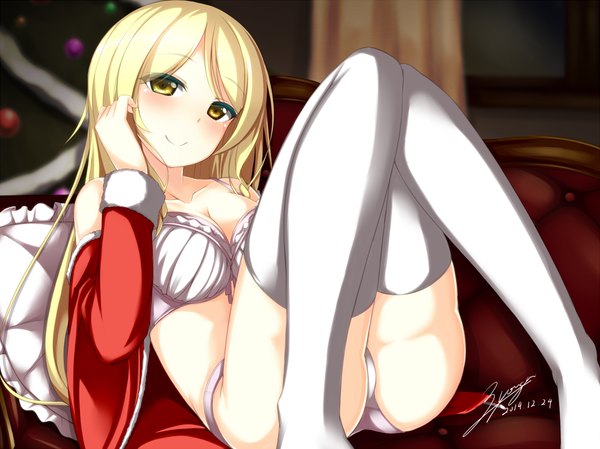 Anime picture 1200x899 with jougen single long hair looking at viewer blush light erotic blonde hair smile brown eyes signed ass open clothes no shoes christmas knees together feet apart girl thighhighs white thighhighs lingerie bra