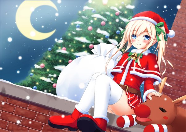 Anime picture 1300x927 with original tiphereth single long hair blush fringe blue eyes blonde hair smile sitting twintails bent knee (knees) blurry dutch angle fur trim snowing christmas winter crescent brick wall