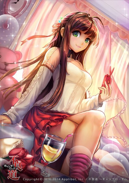 Anime picture 707x1000 with furyou michi ~gang road~ shadowgrave single long hair tall image looking at viewer fringe brown hair sitting holding green eyes animal ears cleavage ahoge light smile wind inscription bunny ears crossed legs lens flare