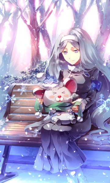 Anime picture 1050x1750 with sunakumo long hair tall image sitting purple eyes silver hair snowing winter girl plant (plants) tree (trees) hairband scarf toy stuffed animal coat snowflake (snowflakes) bench