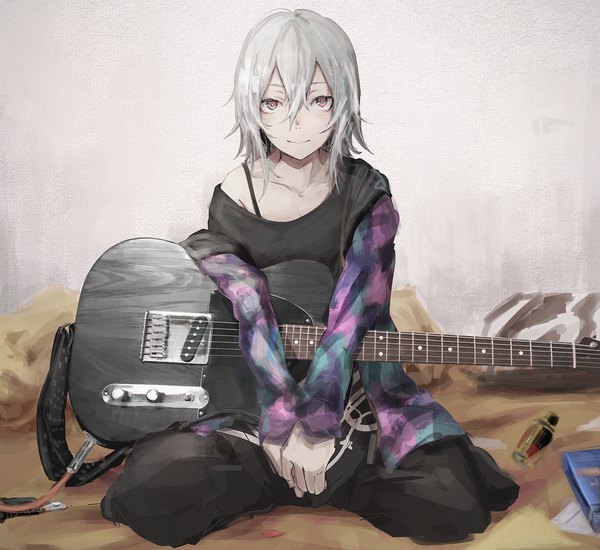 Anime picture 1600x1467 with original sparrovv single long hair looking at viewer fringe smile hair between eyes sitting brown eyes silver hair traditional clothes japanese clothes wariza girl wire (wires) guitar electric guitar