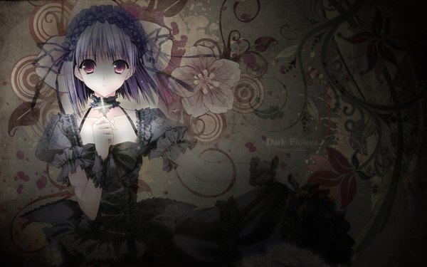 Anime picture 1920x1200 with chronicle-suzuhira hiro artworks suzuhira hiro single highres short hair red eyes wide image grey hair girl dress hair ornament flower (flowers) black dress