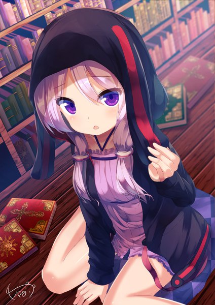 Anime picture 1414x2000 with vocaloid voiceroid yuzuki yukari chinomaron single long hair tall image blush fringe open mouth hair between eyes sitting purple eyes twintails signed purple hair from above open jacket bare legs :o