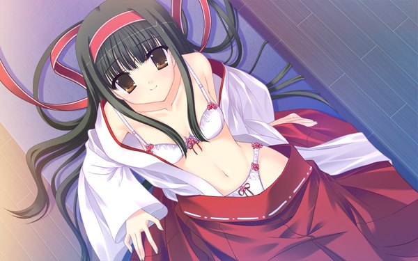 Anime picture 1024x640 with prism magical (game) long hair light erotic black hair wide image brown eyes game cg miko girl underwear panties open kimono