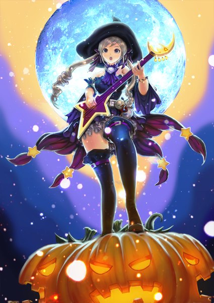 Anime picture 850x1200 with original lucky9 single long hair tall image fringe open mouth brown hair standing twintails bare shoulders bent knee (knees) long sleeves night wide sleeves from below grey eyes zettai ryouiki night sky magic