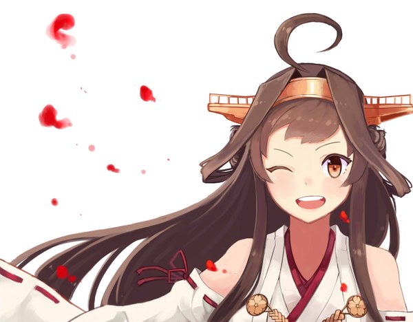 Anime picture 1400x1092 with kantai collection kongou battleship aurum saki single long hair looking at viewer fringe open mouth simple background brown hair white background bare shoulders brown eyes ahoge one eye closed wind wink girl hair ornament detached sleeves