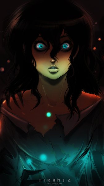 Anime picture 1687x3000 with ibroid (artist) single long hair tall image blue eyes black hair lips torn clothes glowing looking down dark background glowing eye (eyes) girl