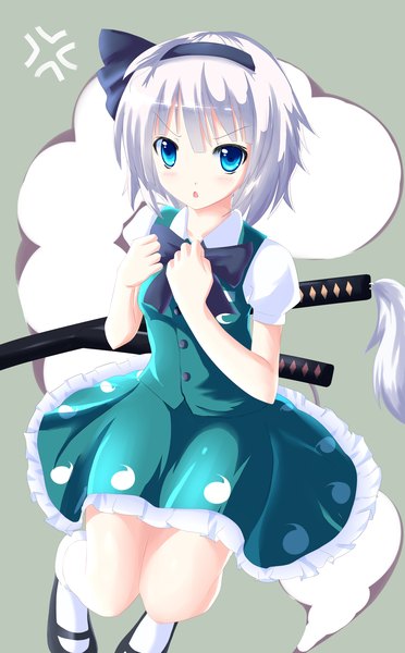 Anime picture 1862x3000 with touhou konpaku youmu myon shiokazunoko single tall image looking at viewer highres short hair blue eyes white hair ghost anger vein girl dress skirt weapon sword socks hairband